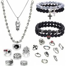 22pcs Punk Skull & Cross Jewelry Set, Necklace, Bracelet, Ring, Pant Chain, Suitable As Gift For Friends, Partners, Holidays & Anniversaries - Multicolor - View 12