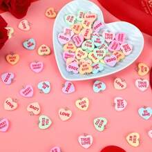 12Pcs Valentine Heart Charms Conversation Heart Resin Charms Conversation Heart Beads Flat Heart Pendant For Valentine's Day DIY Craft Bracelet Necklace Jewelry Making - Multicolor - View 2
