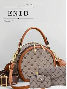 New Rhombus Print Round Cake Bag, Fashionable High-Quality Versatile Compact Women Handbag, Casual 3 Pieces Set Shoulder Crossbody Bag - Beige - View 10