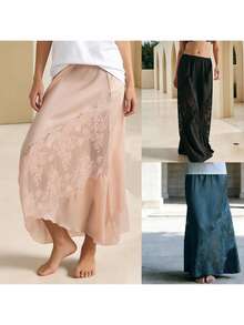 Women's Long Skirt Casual Lace Patchwork Solid Color Stylish Mid Rise Skirt For Spring And Summer - Pink - View 6