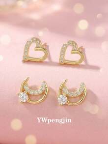 2 Đôi bông tai hình trái tim và mặt trăng đính đá Zirconia thời trang ngọt ngào, thích hợp cho dạo phố, dự tiệc, hẹn hò, du lịch, đeo hàng ngày, ngày Valentine, quà tặng kỷ niệm. - Vàng - Xem 2