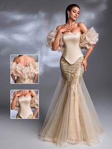 香槟色缎面亮片刺绣方领泡泡袖薄纱鱼尾拖尾宫廷奢华晚礼服婚纱 - 香檳色 - 查看 5