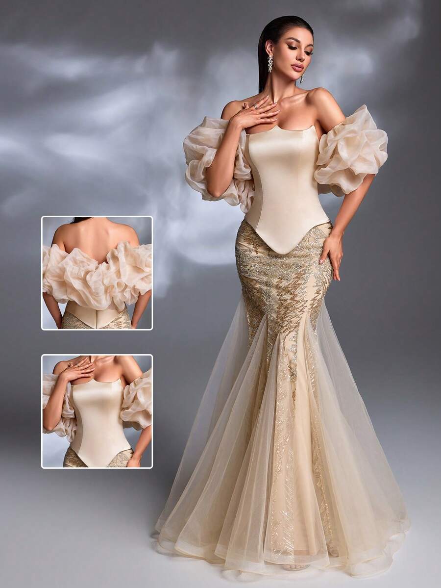 Đầm dạ hội sang trọng màu sâm panh, cổ vuông, tay phồng, chất liệu voan, đuôi cá, đính sequin và thêu chỉ vàng. - Rượu sâm banh - Xem 1