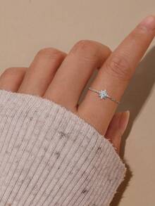 1 chiếc nhẫn đính ước Moissanite dạng dây xích điều chỉnh được, thiết kế hình ngôi sao, bạc sterling 925 thanh lịch, thích hợp làm quà tặng kỷ niệm, sinh nhật, ngày Valentine cho nữ. - Bạc - Xem 4