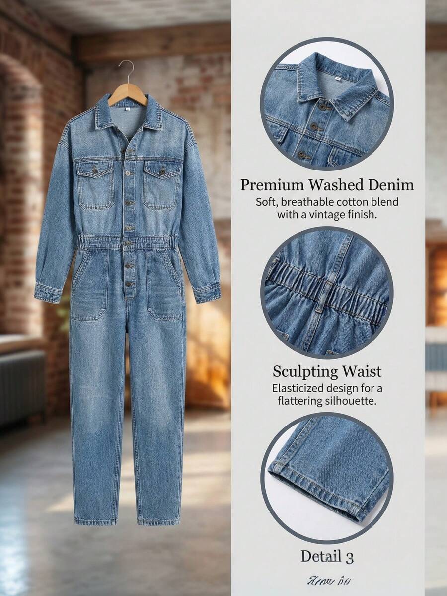 Women's Button-Down Denim Jumpsuit, Long-Sleeved Wide-Leg Jumpsuit, Collared Design, Solid Color Stretch Jumpsuit, Casual, Sexy And Comfortable. - Rửa nhẹ - Xem 1