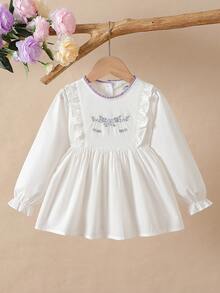 Young Girl Floral Embroidery Ruffle Trim Long Sleeve Blouse - White - View 1