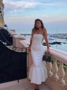 Women's Dresses New Arrival Summer Fashion Elegant Polka Dot Print Strapless Slim Fit Ruffled Patchwork Bodycon Dress - 白色 - 查看 1