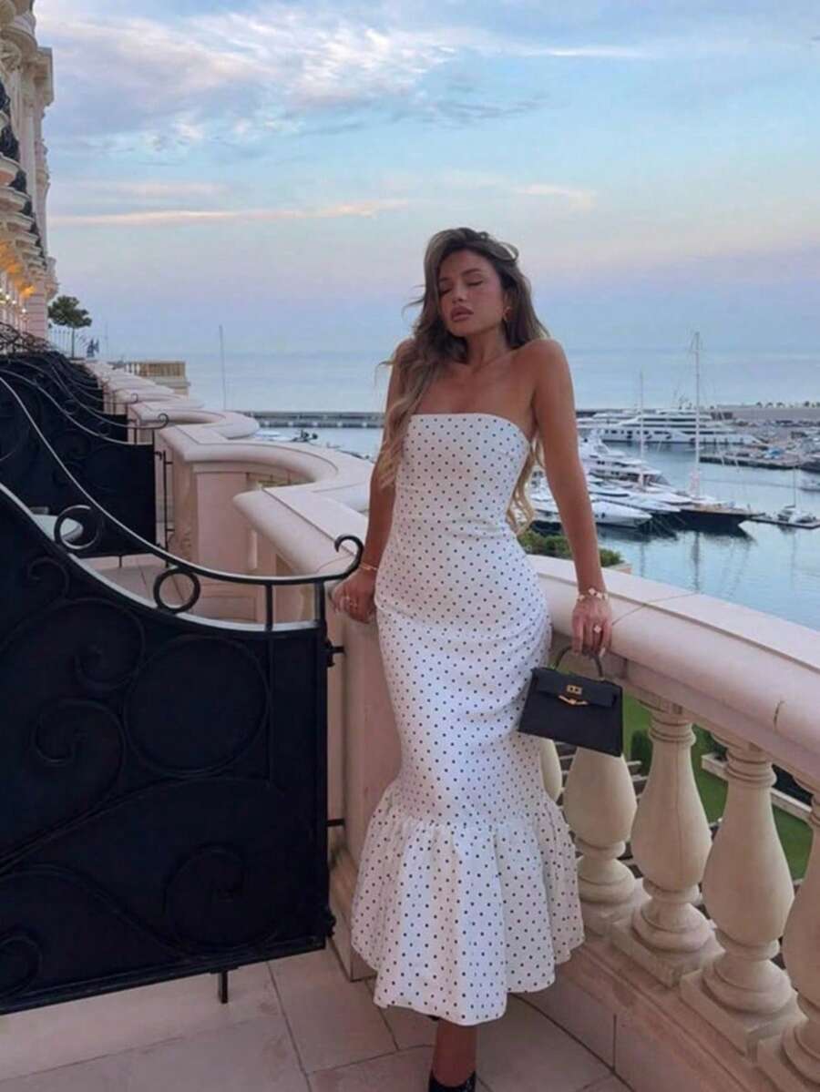 Women's Dresses New Arrival Summer Fashion Elegant Polka Dot Print Strapless Slim Fit Ruffled Patchwork Bodycon Dress - 白色 - 查看 1