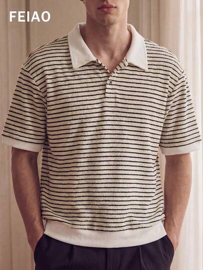 Men's Retro Striped Short Sleeve Polo Shirt, Ribbed Fleece Collar, Contrast Color Design, Thick Fabric, Casual & Fashionable, Suitable For All Seasons, Ideal Choice For Spring And Autumn