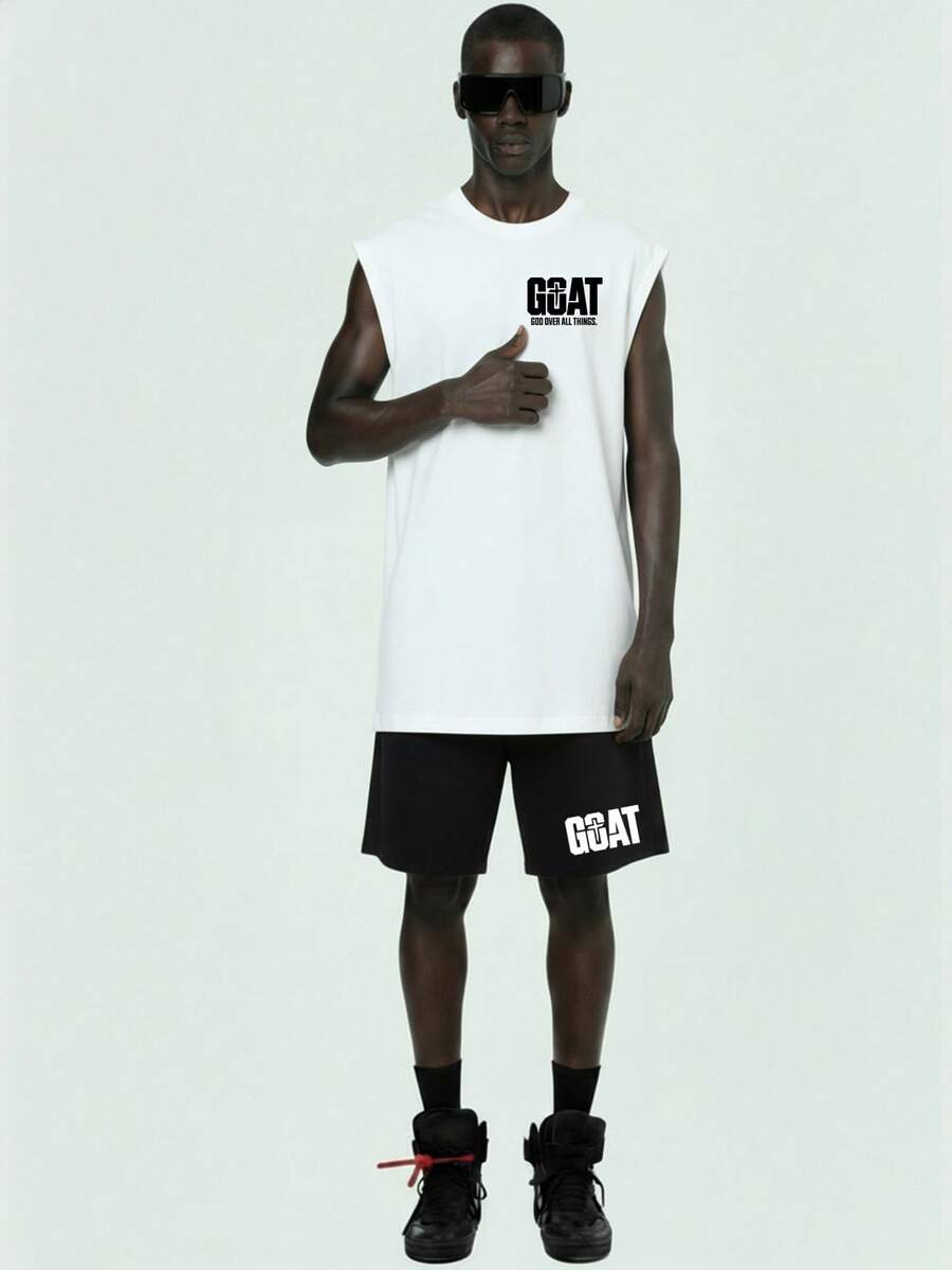 Voidago Bộ đồ nam thường ngày gồm áo tank top cổ tròn in họa tiết và quần short cạp chun có dây rút. - trắng - Xem 1