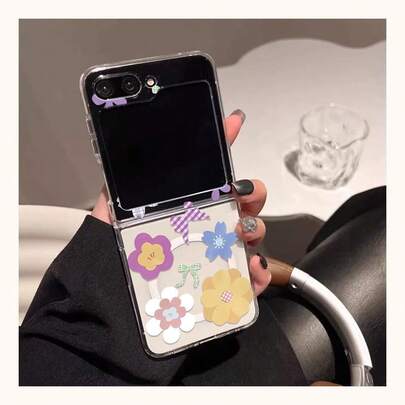 Colorblock Floral Magnetic Foldable Phone Case For Samsung Z Flip3/4/5/6/7, Cute Graffiti Style Protective Cover