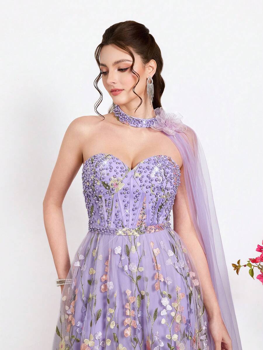 Pocket Design, New Style, Stand Collar, One Shoulder, Ruffle Trim, Strapless, Embroidered, Lace, Bubble Pearls, Fitted, Flared Hem, High-End, Evening Gown, Suitable For Galas, Weddings, Parties, Wedding Guests And Other Occasions. - Purple - View 1