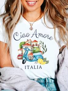 Ciao amore italia Graphic Tee - Black Casual Summer T-Shirt with italian Town & Lemon illustration, Soft Cotton Blend, Round Neck, Machine Washable, Perfect italian Travel Souvenir Gift, Travel Souvenir Shirt | Graphic Tshirt | Knit Construction - Blanc - Voir 1