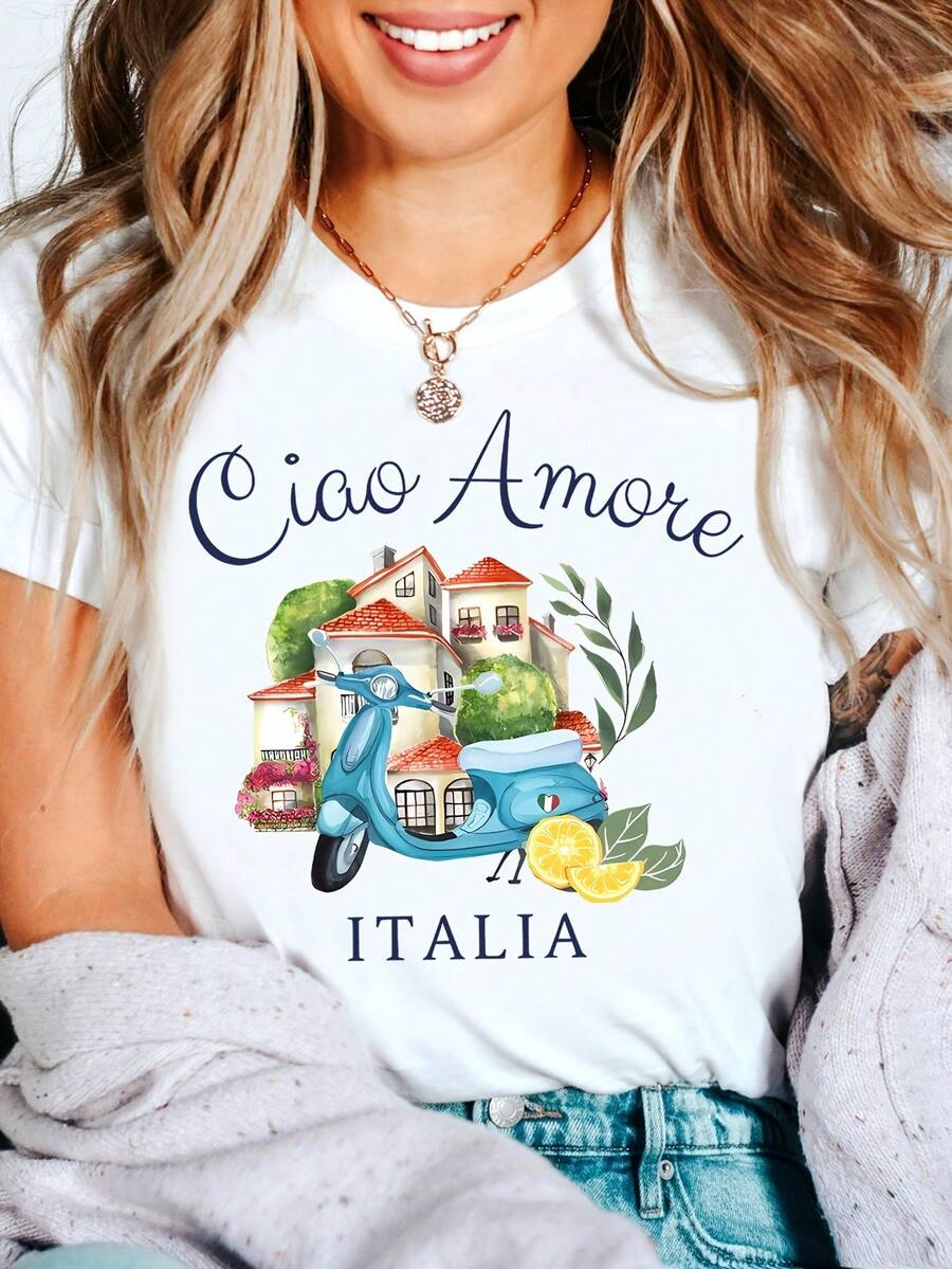 Ciao amore italia Graphic Tee - Black Casual Summer T-Shirt with italian Town & Lemon illustration, Soft Cotton Blend, Round Neck, Machine Washable, Perfect italian Travel Souvenir Gift, Travel Souvenir Shirt | Graphic Tshirt | Knit Construction - Blanc - Voir 1