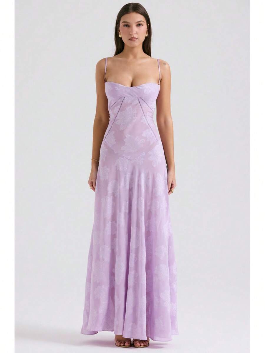 Sexy Sleeveless Strap Backless Dress Women's Chiffon Embroidered Square Neck Ball Gown Evening Dress - 紫羅蘭 - 查看 1