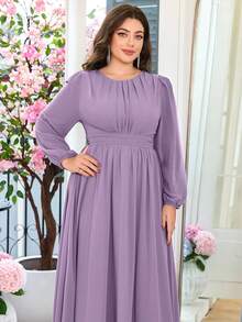 Volly Toych 大码女士优雅A字长袖及地雪纺正式伴娘礼服、婚礼宾客礼服，无衬里袖子，春季款 - 淺灰紫 - 查看 3