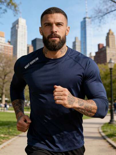 1pc Men's Breathable Quick-Dry Long Sleeve Shirt, Letter Print On Back, Suitable For Outdoor Sports, Fitness, Running