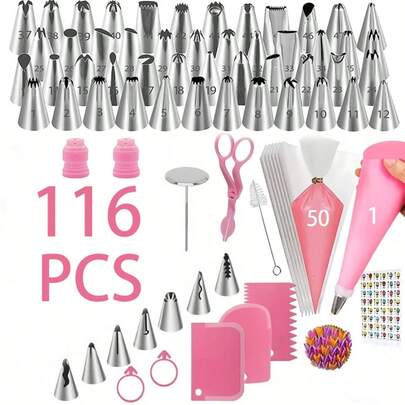 116件套蛋糕装饰套装，烘焙用品，装饰工具，裱花嘴，不锈钢裱花嘴，适用于圣诞节、万圣节、感恩节烘焙和蛋糕设计等多种场合。