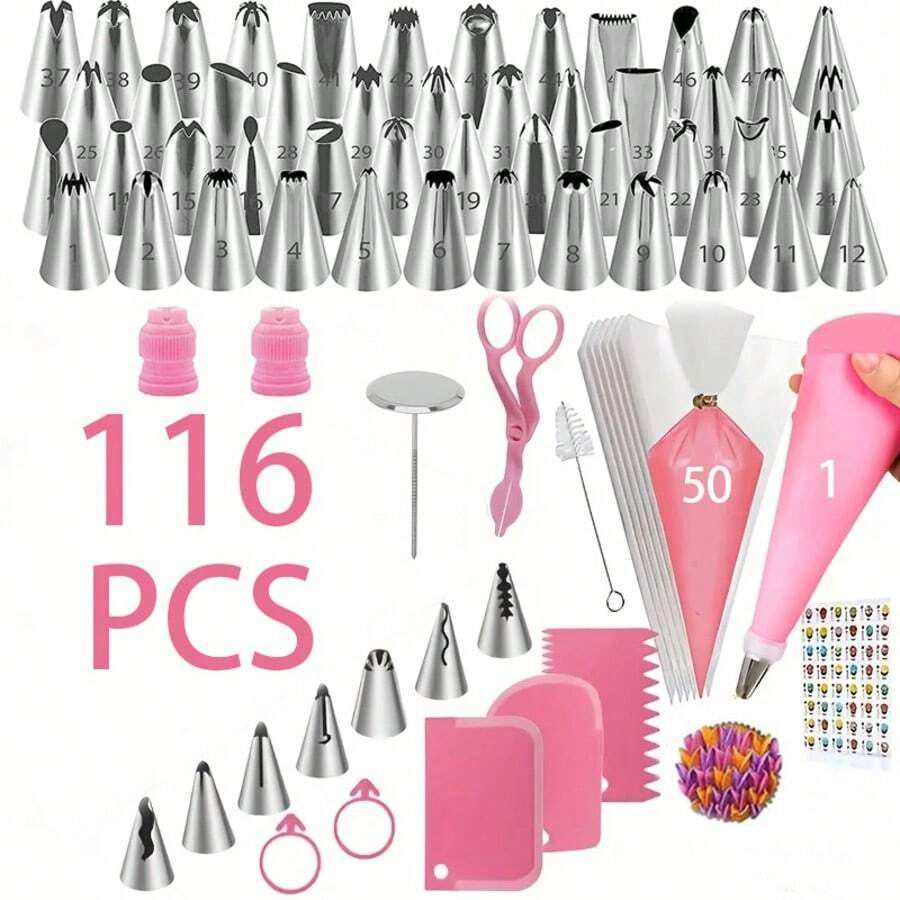 116件套蛋糕装饰套装，烘焙用品，装饰工具，裱花嘴，不锈钢裱花嘴，适用于圣诞节、万圣节、感恩节烘焙和蛋糕设计等多种场合。 - 粉色 - 查看 1