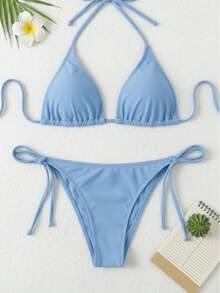 Bikini Set With String Bikini Bottom, Push-Up Effect, Tie Closure, Removable Padding, High-Stretch Fabric. - 淺藍色 - 查看 2