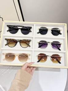 6pcs Plastic & Metal Geometric Pattern Colorful Fashionable Minimalist Style Glasses Set, Suitable For Holiday Gifts, Driving, Outdoor Camping, Tropical Beach Vacation, Stylish Accessories - 6 chiếc màu đen, vàng, xám, họa tiết da báo, xám nhạt, tím - Xem 4