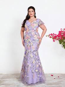 Đầm dạ hội cao cấp dáng ôm, cổ chữ V, ren thêu, tay bồng đôi, cỡ lớn, phù hợp cho các buổi dạ hội, đám cưới, tiệc tùng, khách dự đám cưới, tiệc tối trang trọng, tiệc mùa xuân. - Màu tím - Xem 4