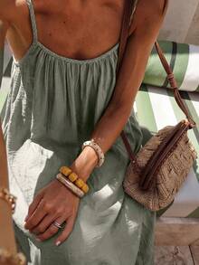 Urbanchic 夏季露背深V设计A字连衣裙，新年、情人节、优雅女士、海滩装、感恩节装、毕业典礼、音乐会、早午餐、波西米亚风 - 綠色 - 查看 2