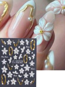 5D Embossed White 5-Petal Flower Nail Stickers With Gold Borders And Lines, Cute And Elegant Self-Adhesive Nail Art Decor For Spring/Summer, DIY Nail Salon Supplies - Multicolor - View 4