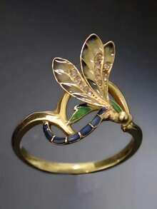 1枚流行女士时尚优雅休闲蜻蜓铜戒指，婚礼订婚派对珠宝礼物 - 金色 - 查看 6