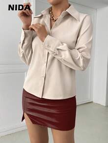Women's Solid Color Down Collar Long Sleeve Single-Breasted Casual Classic Shirt, Elegant Women's Blouses, Summer/Spring Outfit - Khaki - View 5