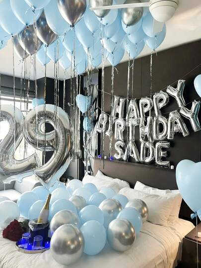 48pcs/Set 16-Inch Silver "Happy Birthday" Letter Foil Balloons Set, Includes Macaron Blue & Silver Latex Balloons, For Happy Birthday English Letter Decoration, Party Scene Decor, Birthday Party, Wedding, Graduation Celebration