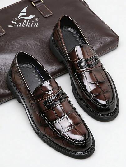 Luxury Retro Designer Men's Slip On Penny Loafers Plaid Dress Shoes Affordable Luxury For Modern Living Crocodile Print Soft Leather Breathable Round Toes Formal Shoes Elegant Gentlemen Business Casual Social Shoes Male Daily Office Party Wedding Style Groom's Shoes For Men ‌Couple's Date ‌Romantic Dinner Festive Gift‌ Back To School Students Shoes Preppy For All Seasons,Please Choose One Size Up