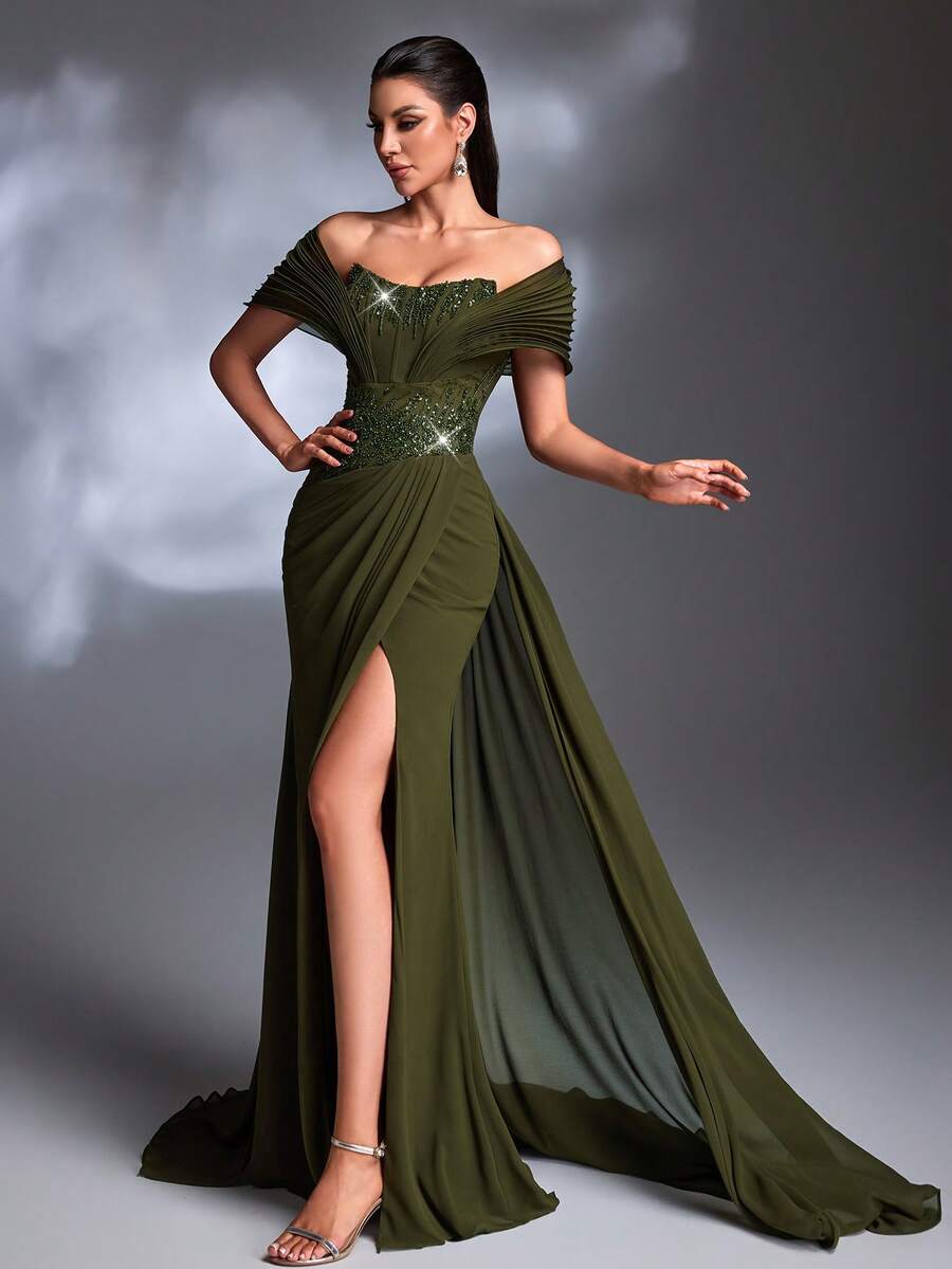 Váy dạ hội sang trọng, thanh lịch, trễ vai, thêu sequin màu xanh ô liu, xếp nếp, eo bằng vải satin, dây rút - xanh quân đội - Xem 1