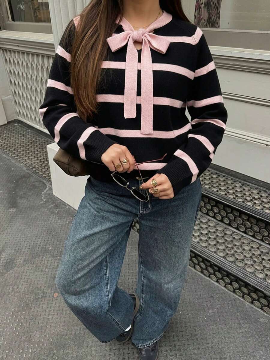 HoloChill 女款年輕網紅休閒風圓領拼色條紋針織套頭毛衣,2026夏季休閒新品,女款羅紋針織條紋套頭毛衣,長袖標準版上衣,適合春秋穿著,高彈力面料,女款外出穿搭,秋季毛衣,返校,返校舞會,秋冬 - 黑色 - 查看 1