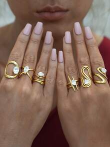 6pcs/Set 304 Stainless Steel Zirconia Inlaid Rings, 18K Gold Plated Rings, INS Style Personalized Accessories, High-End Feeling Rings, Best Choice For Holiday Gifts And Daily Matching, Suitable For Daily Gatherings And Parties, Best Gift For Girlfriend And Wife - Multicolor - View 4