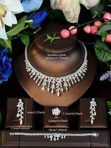 1 Set de Joyería Lujosa, Decoración de Hojas y Geométrica de Circonita Cúbica, Adecuado como Regalo de Compromiso para Mujeres - Plateado - Ver 9