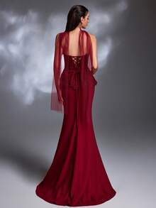 酒红色3D蕾丝花卉抹胸荷叶边系带网纱披肩鱼尾拖尾复古优雅晚礼服 - 酒紅色 - 查看 2