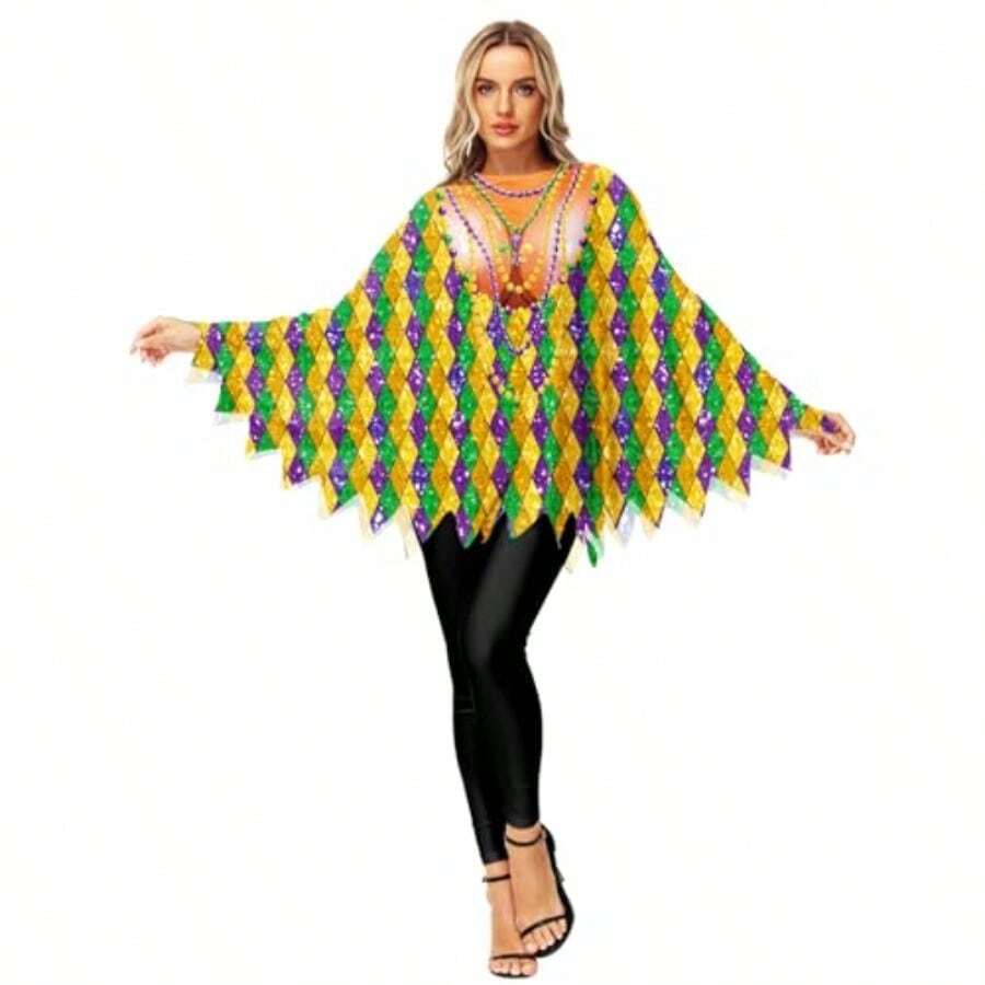 AOBUTE Mardi Gras Poncho Cloak For Adult Halloween Party Costume Outfits - Vibrant Festive Design Perfect For Carnival Celebrations Outdoor Events And Themed Gatherings With Lightweight And Comfortable Wear - -狂歡節鑽石- - 查看 1