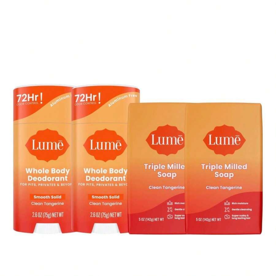 Lume Whole Body Deodorant And Soap - 2.6 Ounce Solid Stick With 72 Hour Odor Control (Pack Of 2) And 5 Ounce Triple Milled Soap (Pack Of 2) - Aluminum And Baking Soda Free (Clean Tangerine) - ColorA - 查看 1
