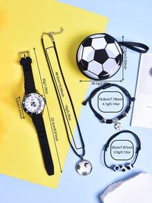 5pcs/Set 2026 New Boys' Gift Set, Including Football Sports Watch With LED Light, Quartz Wristwatch, Football Coin Purse, Earphone Storage Box, Pendant Necklace And Bracelet - Black - View 4