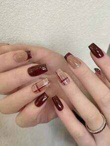 30pcs Short Ballet-Style Nails, Elegant Burgundy Color With Red Nail Edge, Glossy Striped Design, Suitable For Daily, Party, Date, Work And Other Occasions. Wearing Them Will Showcase Your Graceful Charm, An Excellent Choice To Enhance Your Appeal. Nail Art Supplies, Acrylic Nail Stickers, Short Nails, Duck Nails, Red Nails, Acrylic Nail Kit, Nail Art, Ballet-Shaped Nails, Press-On Nails - Multicolor - View 6