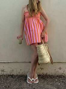 Robe à bretelles avec nœud smocké et rayures Urbanchic, printemps et été, Saint-Valentin, élégante pour dames, tenues d'été, mariages et événements, tenues de sortie, tenues de vacances pour femmes, tenues de plage pour femmes, tenues de printemps - Multicolore - Voir 4