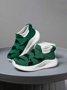 1 Pair Kids Sneakers, Knitted Cartoon Pattern Socks Shoes, Easy To Wear, Lightweight Breathable Running Shoes, Fashionable Mesh Design For Students - Green - View 1