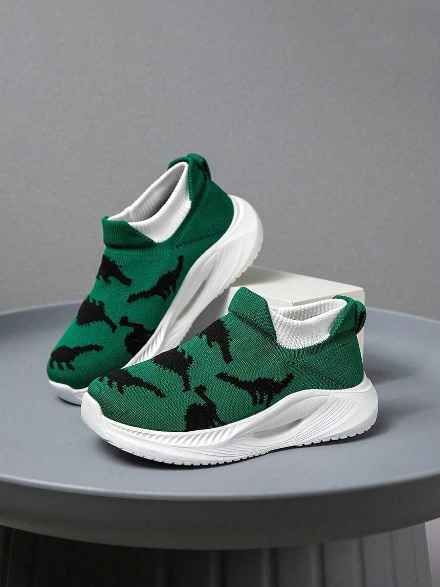 1 Pair Kids Sneakers, Knitted Cartoon Pattern Socks Shoes, Easy To Wear, Lightweight Breathable Running Shoes, Fashionable Mesh Design For Students - Green - View 1