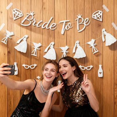 1 Set Bridal Shower Banner "BRIDE TO BE", Wedding Bachelorette Party Decorations With Heart, Bow, Wedding Dress, Celebration Wine Glass, Pennant Hanging Accessories