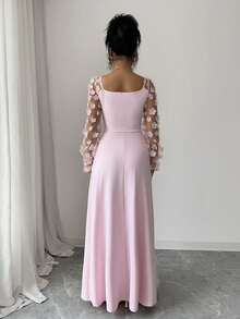 Elegant Long Sleeve Cinched Dress - Women's Floral Applique Design For Valentine's Day & Party - 粉色 - 查看 2