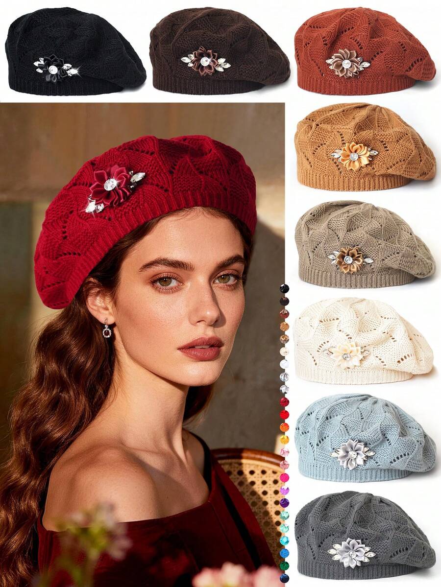 1顶女士水钻花朵镂空休闲贝雷帽，适合日常佩戴和聚会场合。