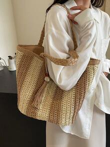 Dedoo Women's Fashionable Summer Vacation Style Woven Tote Bag, Large Capacity, Lazy Style Straw Woven Shoulder Bag, Beach Commuter Bag - Khaki - View 5
