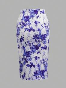 Falda de punto con estampado floral patchwork, de corte elegante y casual, con estilo bohemio y sexy, con cintura anudada, adecuada para vacaciones, citas nocturnas, fiestas de cumpleaños, primavera/verano - Azul y blanco - Ver 3