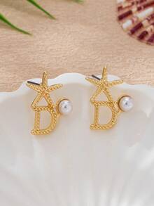 Asymmetrical Starfish Earrings, Beach & Ocean Style - Yellow Gold - View 1